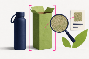 Flasche und Verpackung sind getrennt dargestellt. Die Lupe und der Nachweis beziehen sich auf das Verpackungsmaterial.