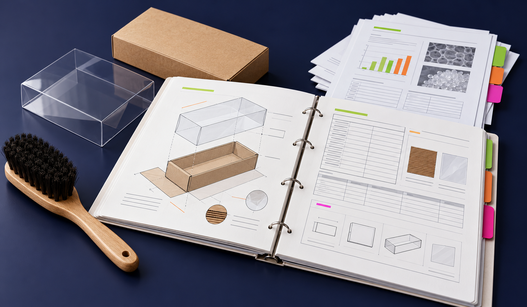 Technische Verpackungsakte mit Zeichnungen, Materialangaben und Prüfberichten